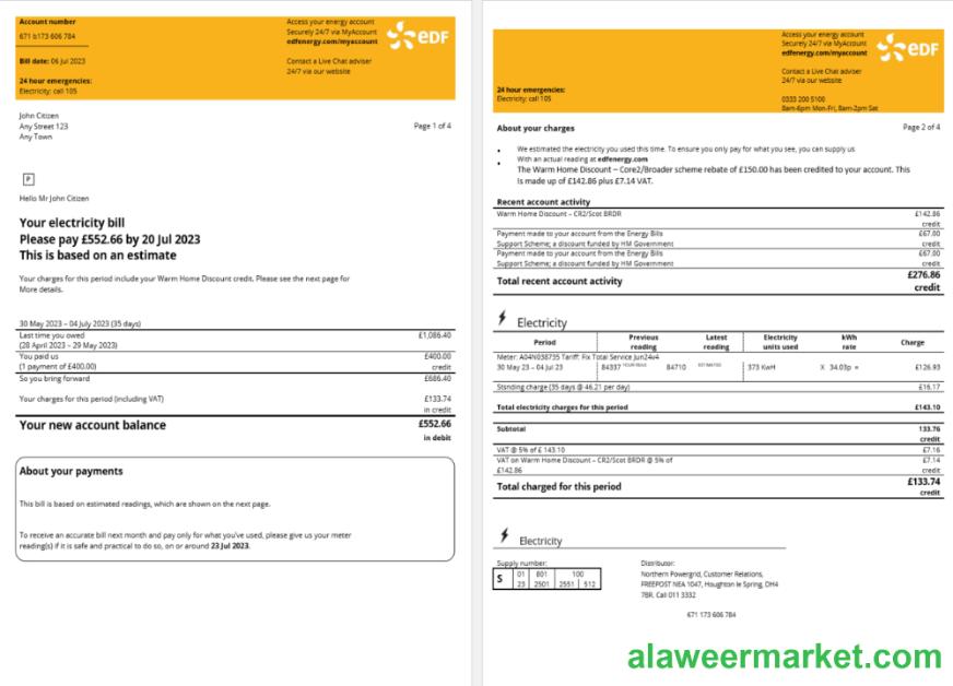 France EDF Energy utility bill Word and PDF template, 4 pages 1 2